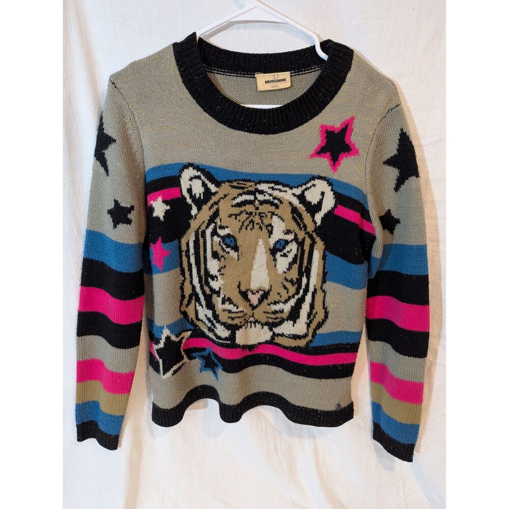 Vintage Americanino Tiger Star Knit Sweater – Women’s S – Bold Graphic 90s/2000s
